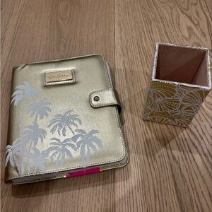 Lilly Pulitzer Gold and White Palm Tree Organizer with Pen Holder Set
